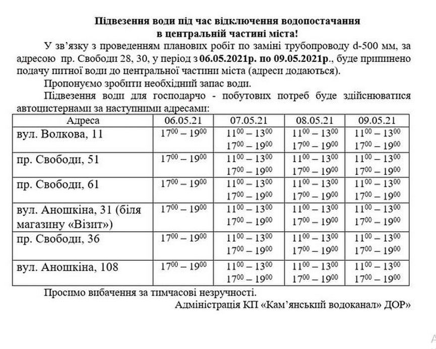 З 6 по 9 травня мешканцям центральної частини Кам'янського будуть підвозити воду автоцистернами - ФОТО