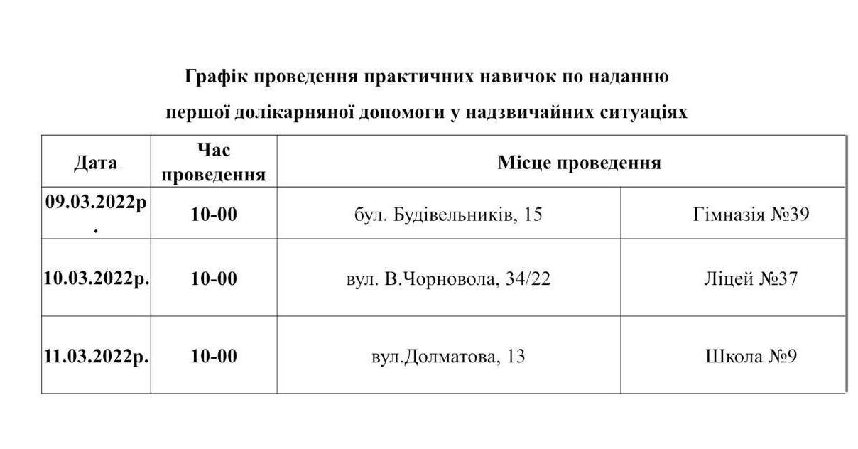 Оновлений графік проведення практичних навичок по наданню першої долікарняної допомоги у надзвичайних ситуаціях - ФОТО