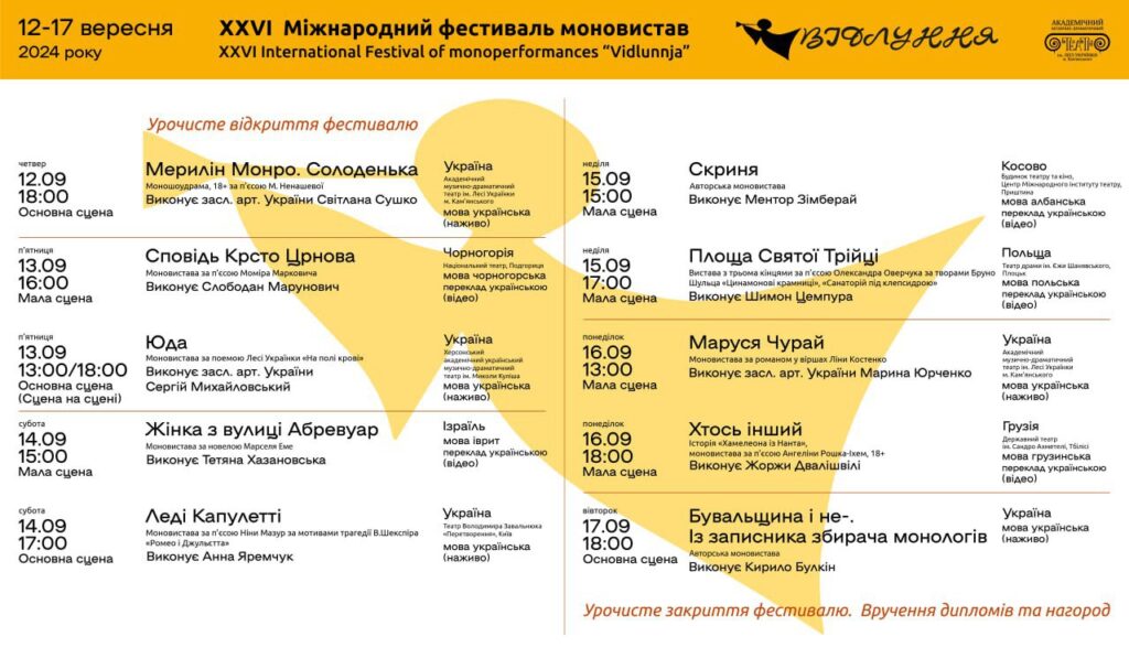 Квітки на Міжнародний фестиваль моновистав «Відлуння», що відбудеться в Кам'янському восени, вже в продажу - ФОТО