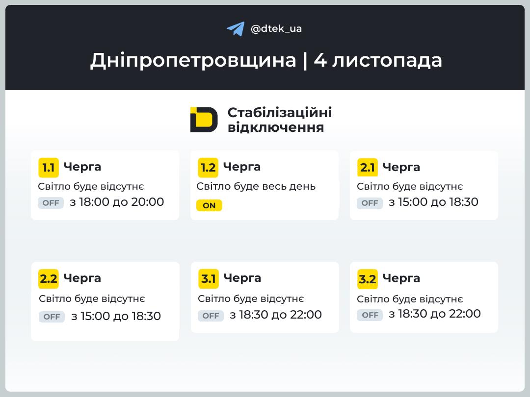 Графіки відключення електроенергії на Дніпропетровщині 4 листопада - ФОТО