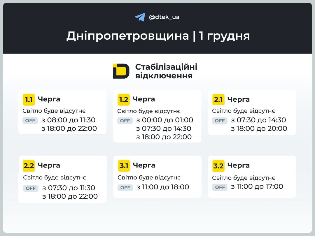 Графіки погодинних відключень електроенергії в Кам’янському 1 грудня  - ФОТО