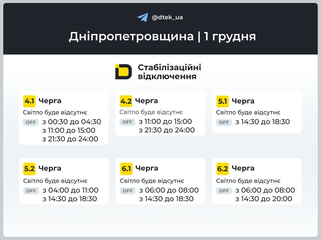 Графіки погодинних відключень електроенергії в Кам’янському 1 грудня - ФОТО