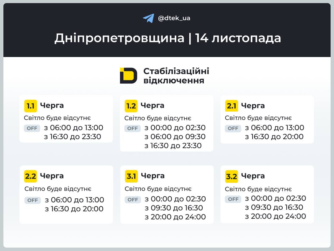 Графіки погодинних відключень електроенергії на Дніпропетровщині 14 листопада - ФОТО
