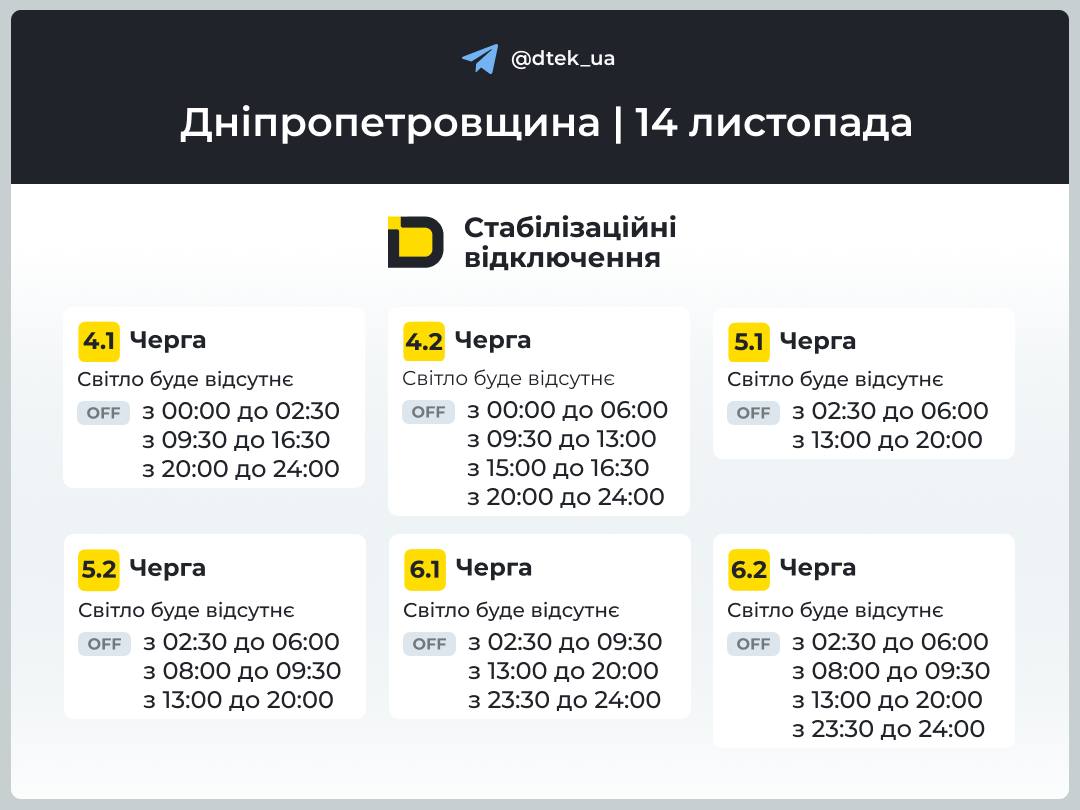 Графіки погодинних відключень електроенергії на Дніпропетровщині 14 листопада - ФОТО