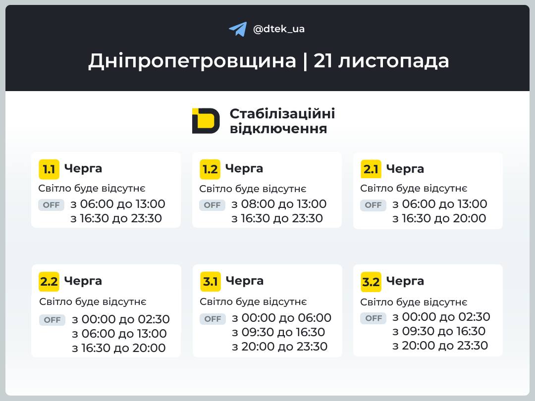 Графіки погодинних відключень електроенергії в Кам’янському 21 листопада - ФОТО