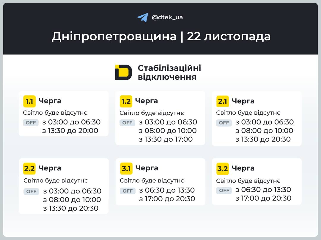 Графіки погодинних відключень електроенергії в Кам’янському 22 листопада - ФОТО