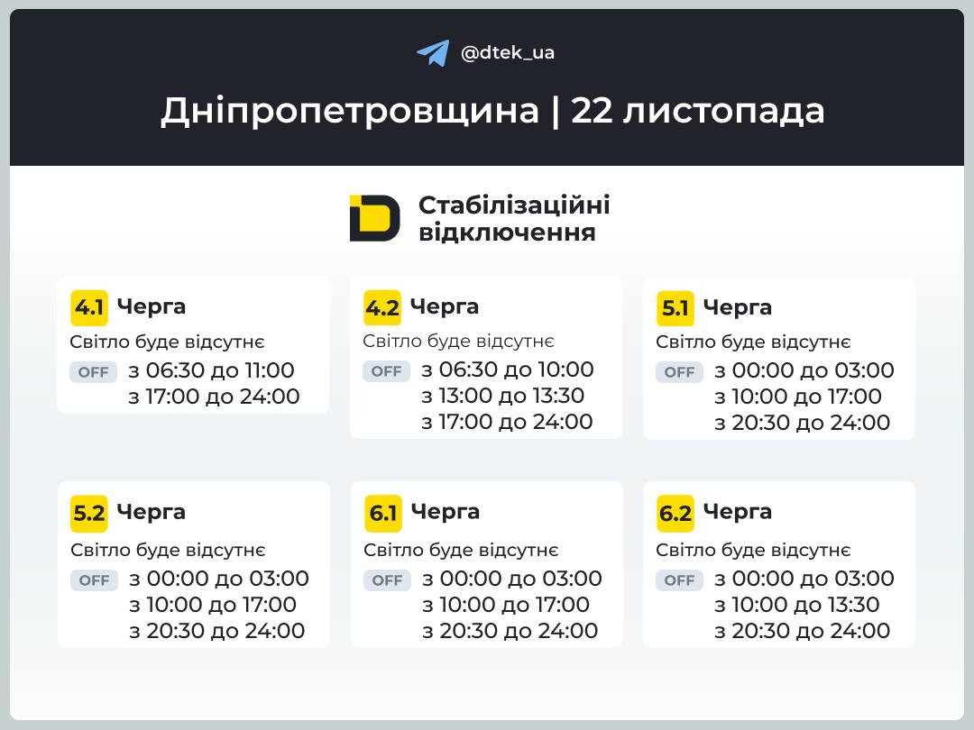 Графіки погодинних відключень електроенергії в Кам’янському 22 листопада - ФОТО