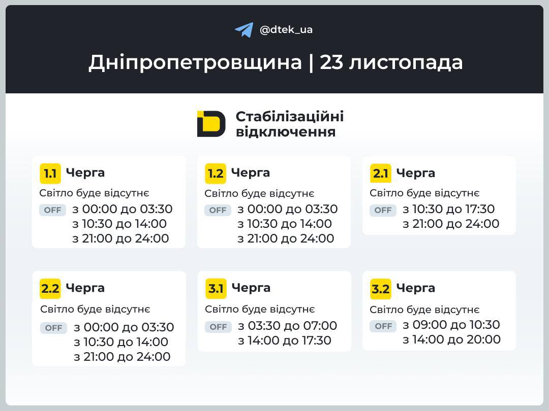 Графіки погодинних відключень електроенергії в Кам’янському 23 листопада - ФОТО