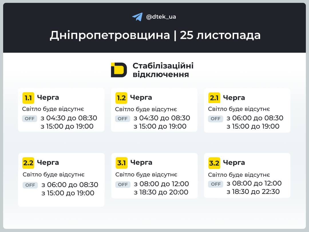 Графіки погодинних відключень електроенергії в Кам’янському 25 листопада - ФОТО