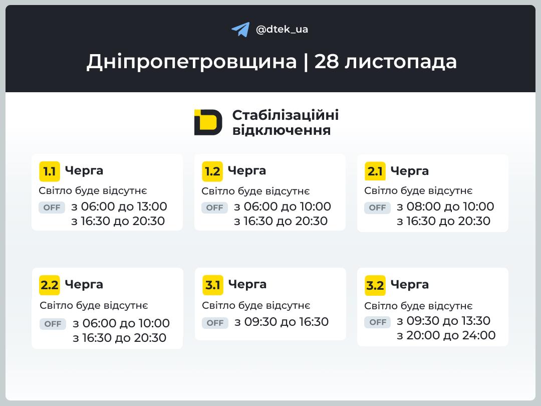 Графіки погодинних відключень електроенергії в Кам’янському 28 листопада - ФОТО