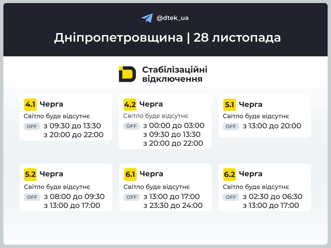 Графіки погодинних відключень електроенергії в Кам’янському 28 листопада - ФОТО