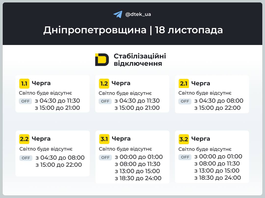 Графіки погодинних відключень електроенергії в Кам'янському 18 листопада - ФОТО