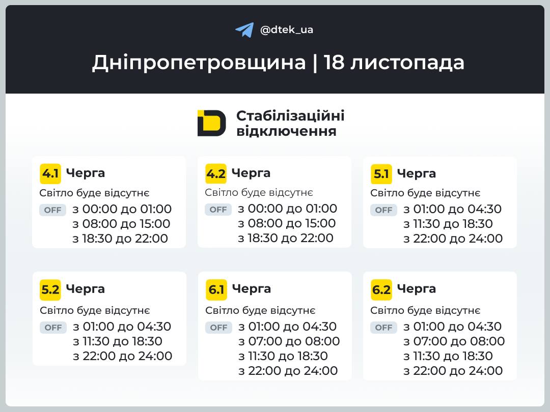 Графіки погодинних відключень електроенергії в Кам'янському 18 листопада - ФОТО