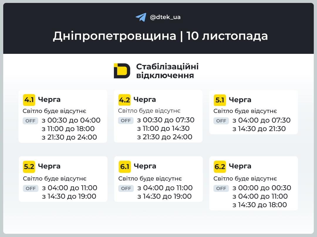 Графіки відключень електроенергії на Дніпропетровщині 10 листопада діятимуть всю добу - ФОТО