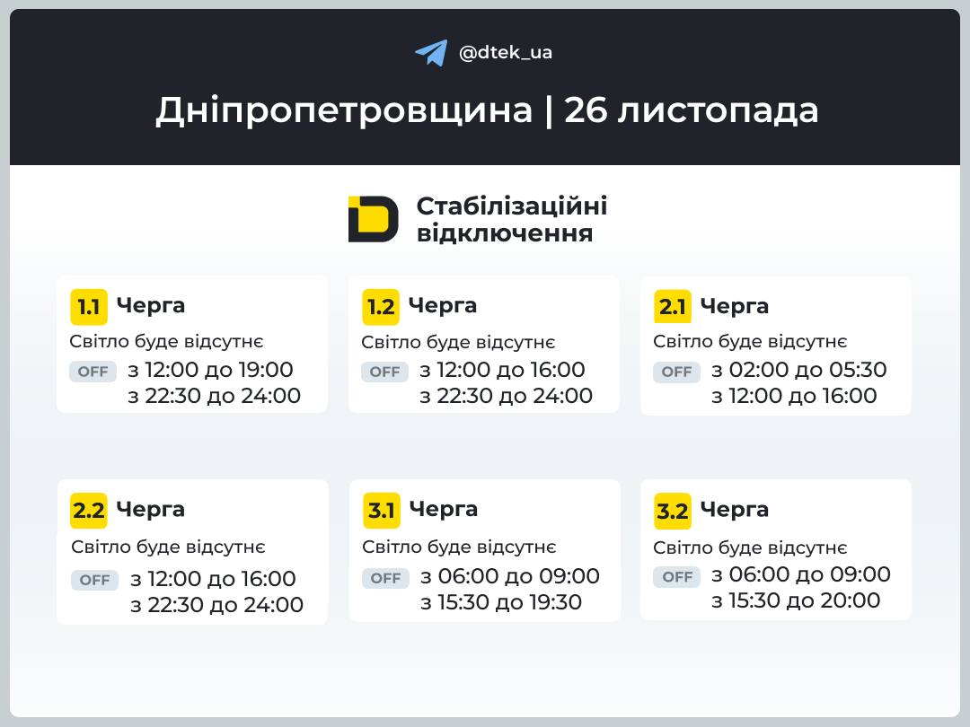 Оновлені графіки відключення електроенергії в Кам'янському 26 листопада - ФОТО