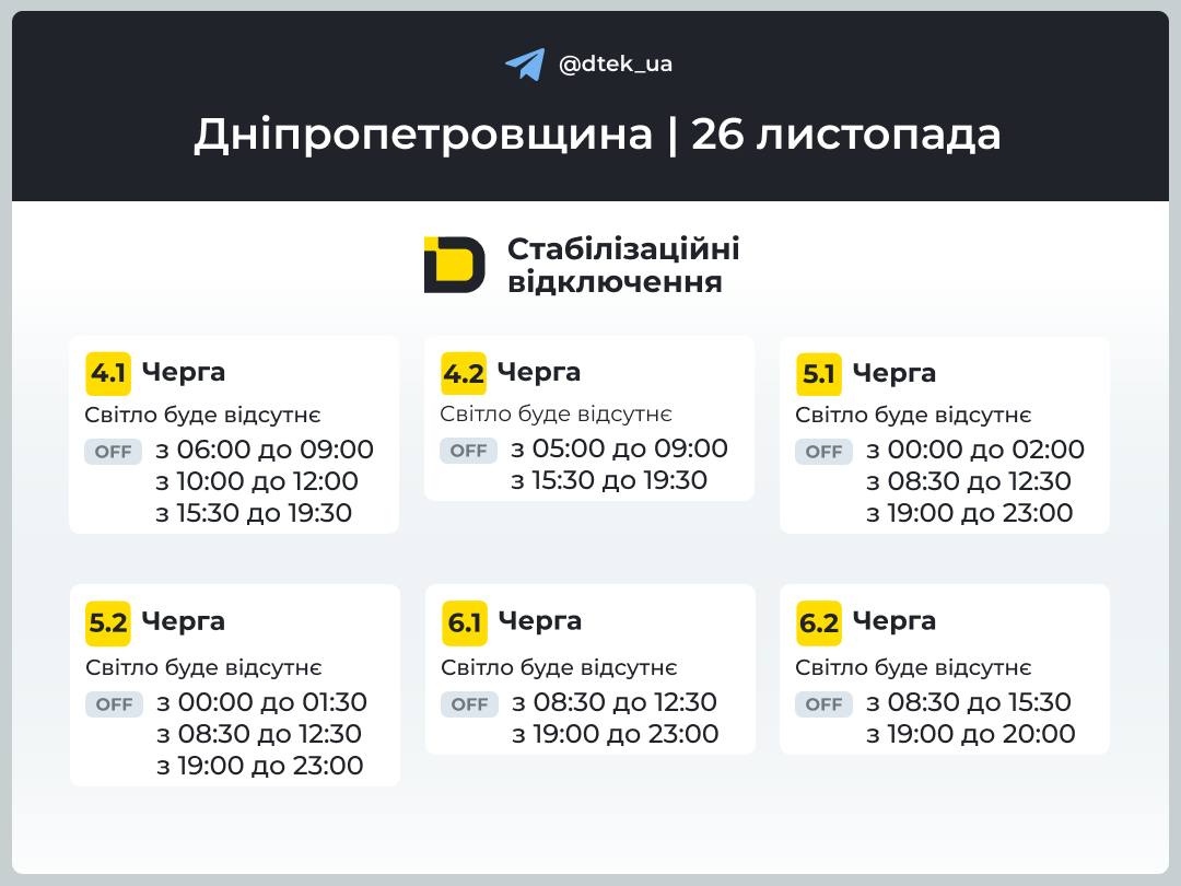 Оновлені графіки відключення електроенергії в Кам'янському 26 листопада - ФОТО