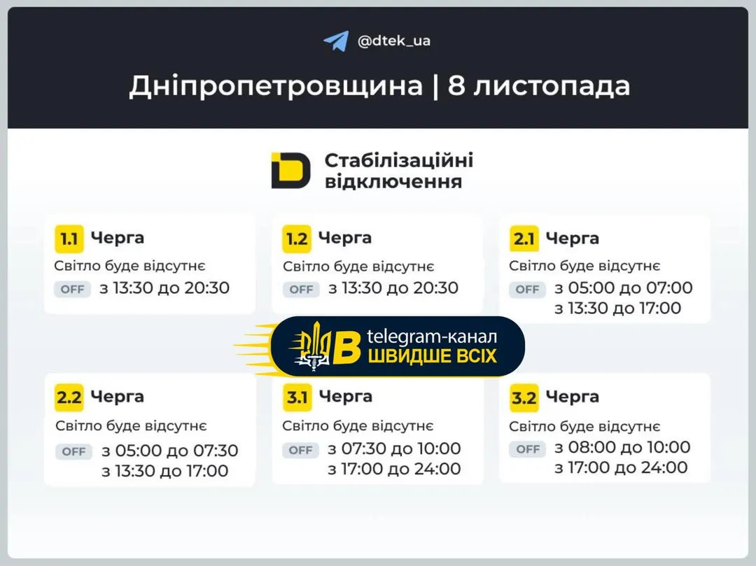 Оновлені графіки відключень електроенергії на Дніпропетровщині 8 листопада - ФОТО