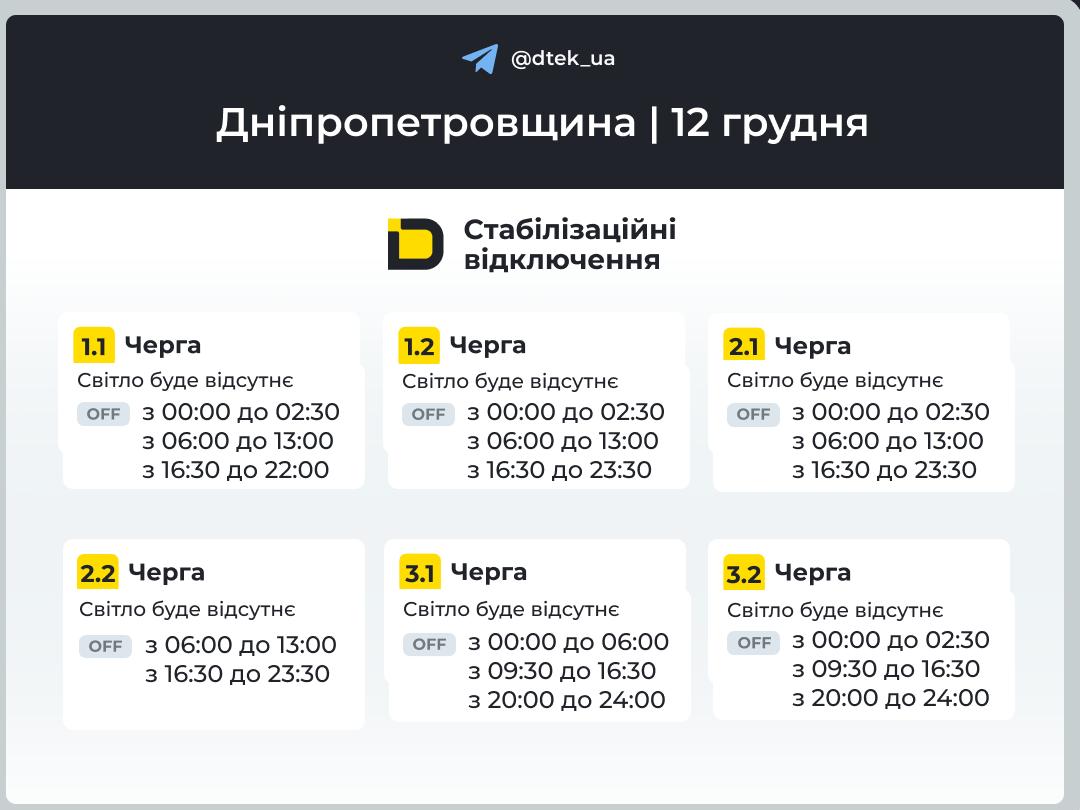 Графіки погодинних відключень електроенергії в Кам’янському 12 грудня - ФОТО