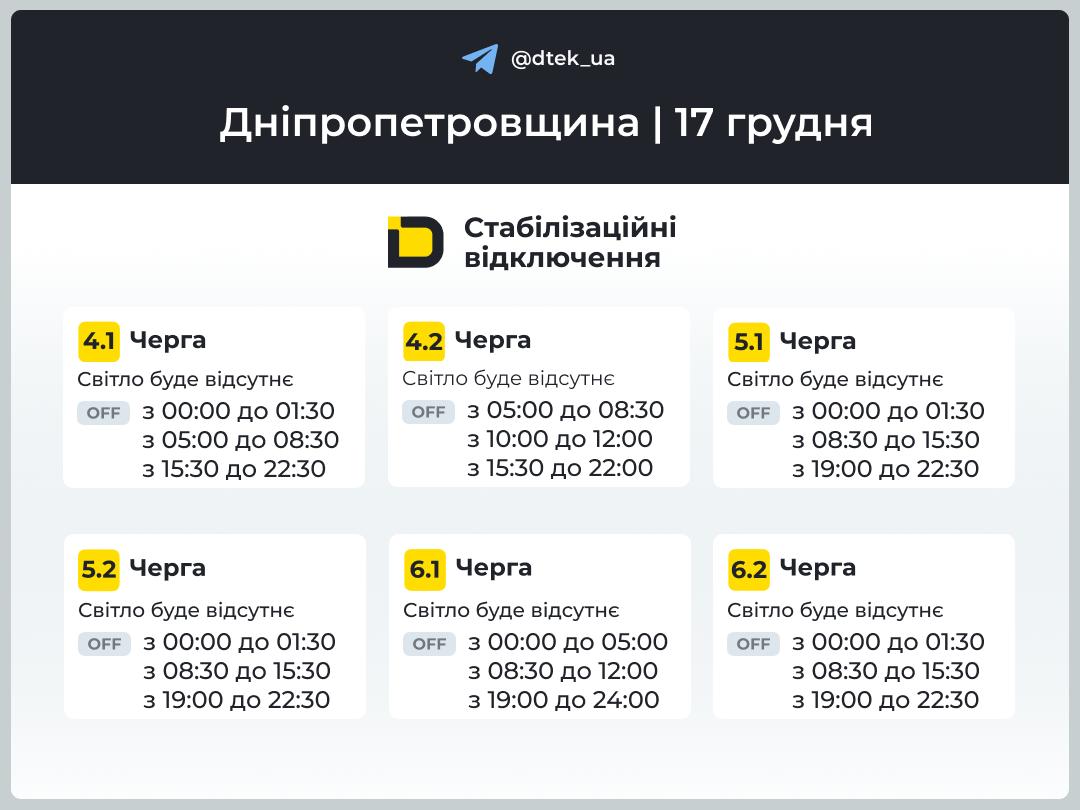 Графіки погодинних відключень електроенергії в Кам’янському 17 грудня - ФОТО