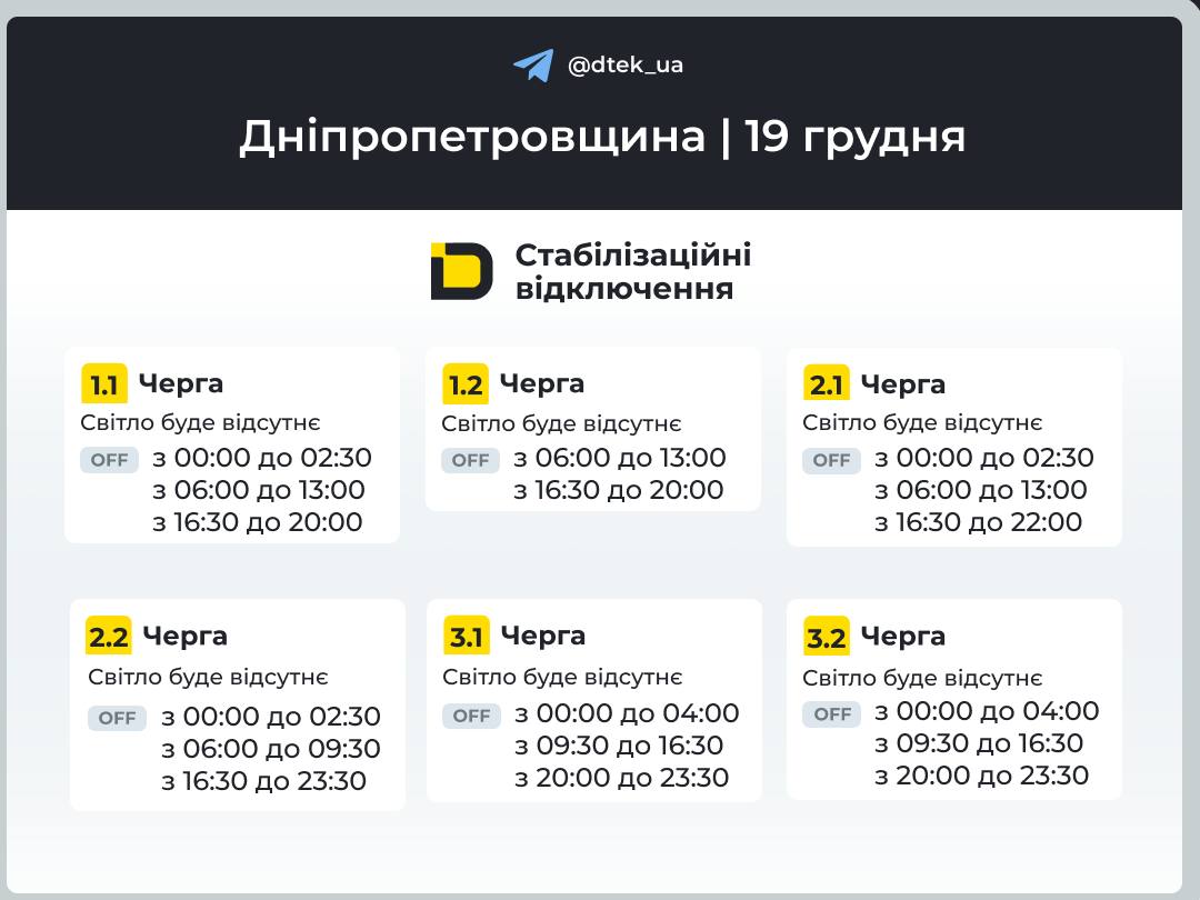 Графіки погодинних відключень електроенергії в Кам’янському 19 грудня - ФОТО