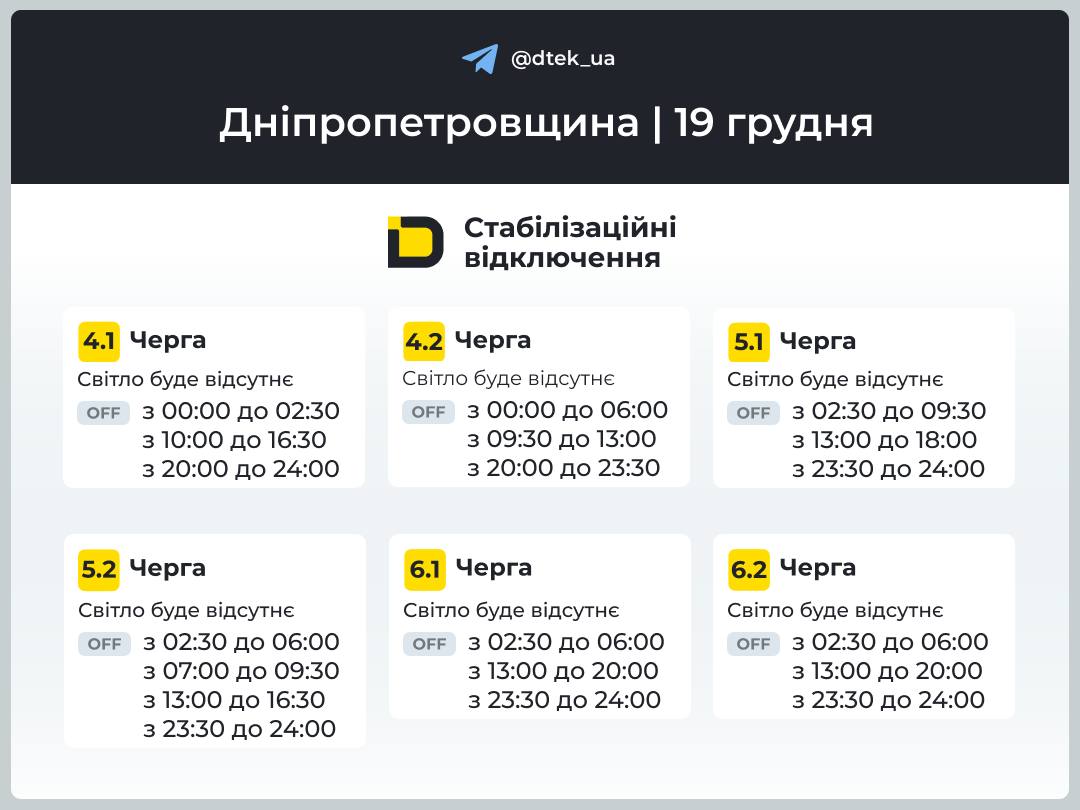 Графіки погодинних відключень електроенергії в Кам’янському 19 грудня - ФОТО