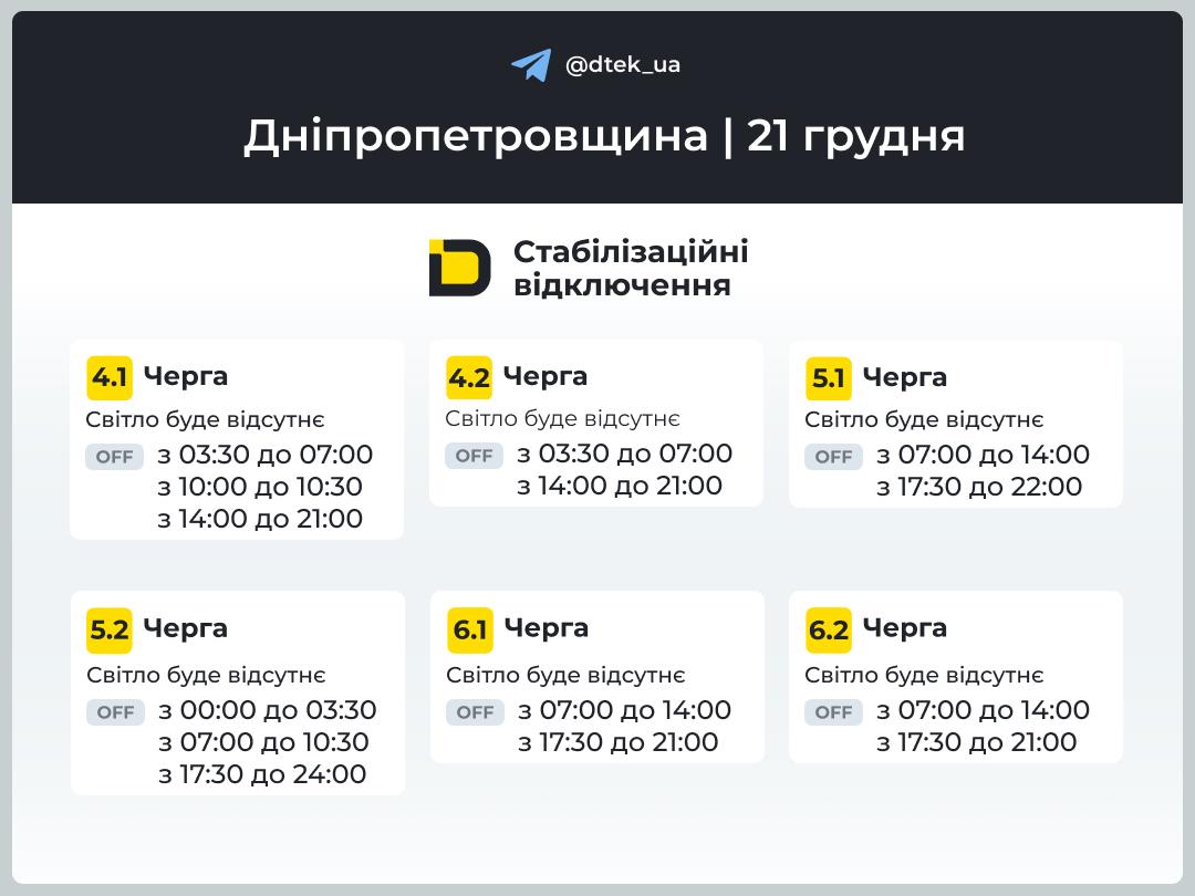 Графіки погодинних відключень електроенергії в Кам’янському 21 грудня - ФОТО