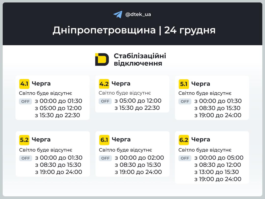 Графіки погодинних відключень електроенергії в Кам’янському 24 грудня - ФОТО