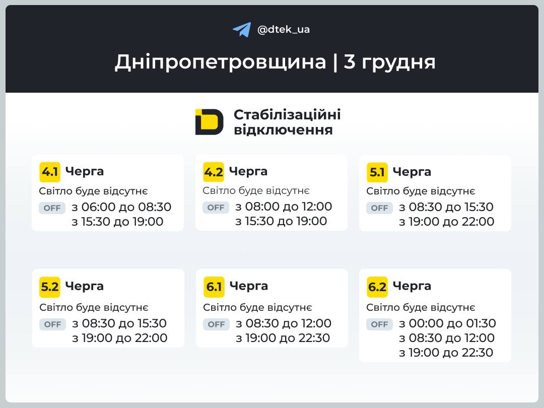 Графіки погодинних відключень електроенергії в Кам’янському 3 грудня - ФОТО