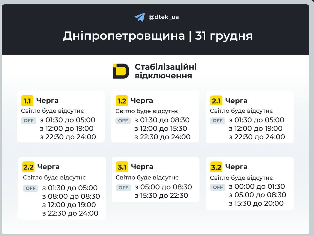 Графіки погодинних відключень електроенергії в Кам’янському 31 грудня - ФОТО
