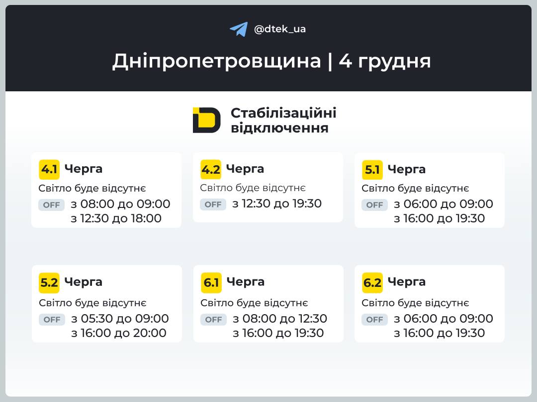 Графіки погодинних відключень електроенергії в Кам’янському 4 грудня - ФОТО
