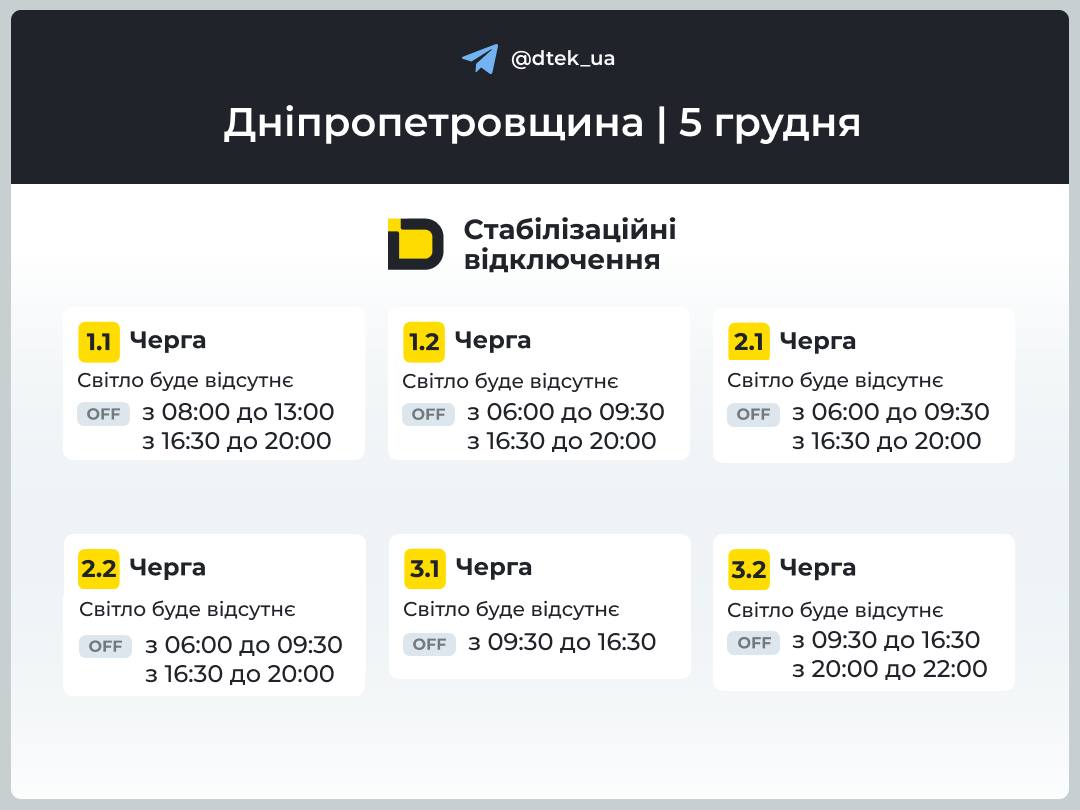 Графіки погодинних відключень електроенергії в Кам’янському 5 грудня  - ФОТО