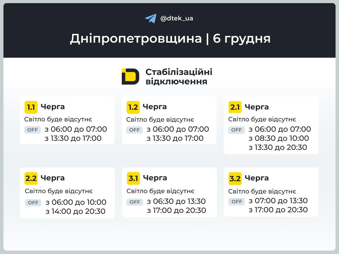 Графіки погодинних відключень електроенергії в Кам’янському 6 грудня - ФОТО