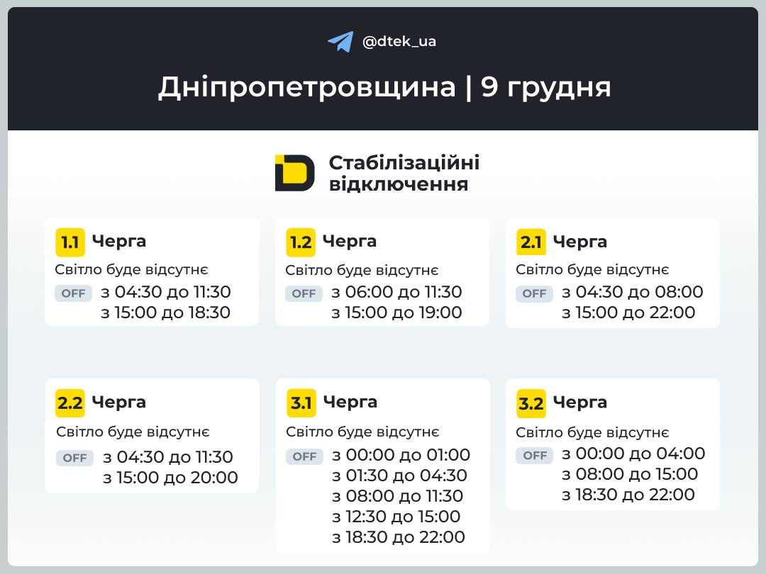 Графіки погодинних відключень електроенергії в Кам’янському 9 грудня - ФОТО