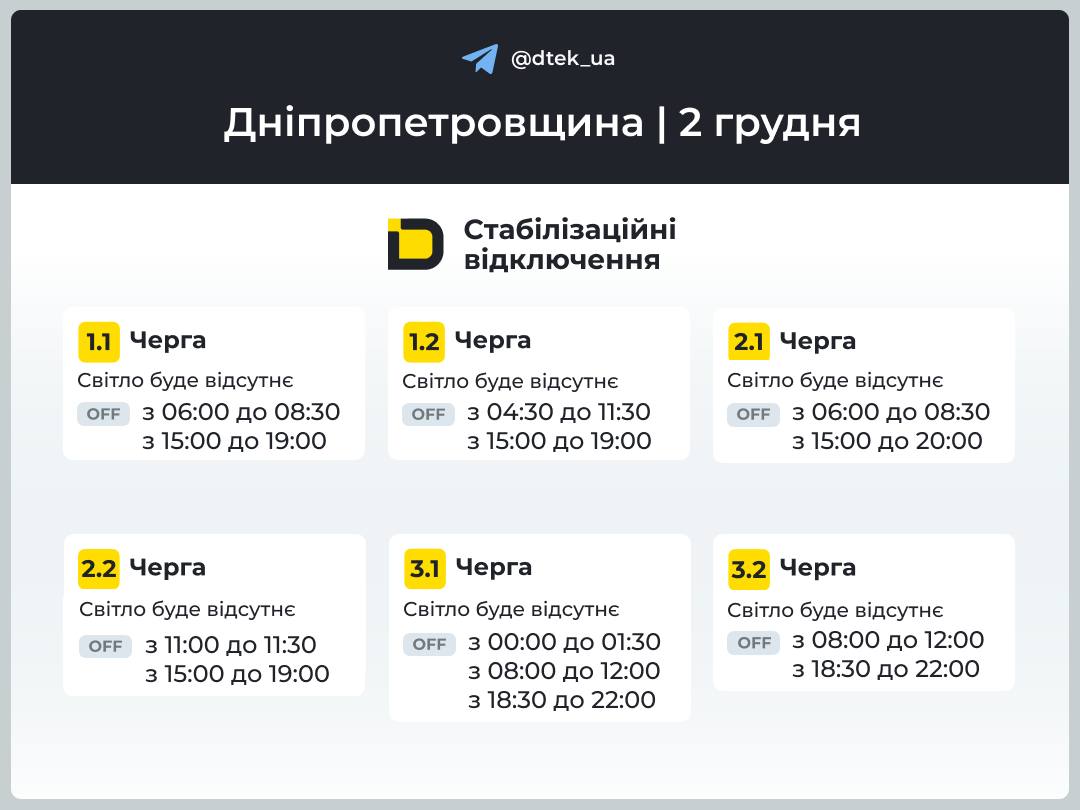 Графіки погодинних відключень електроенергії в Кам’янському 2 грудня  - ФОТО