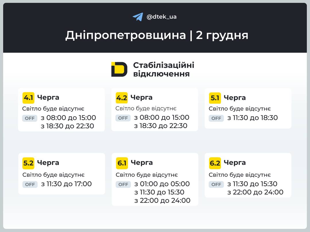Графіки погодинних відключень електроенергії в Кам’янському 2 грудня - ФОТО
