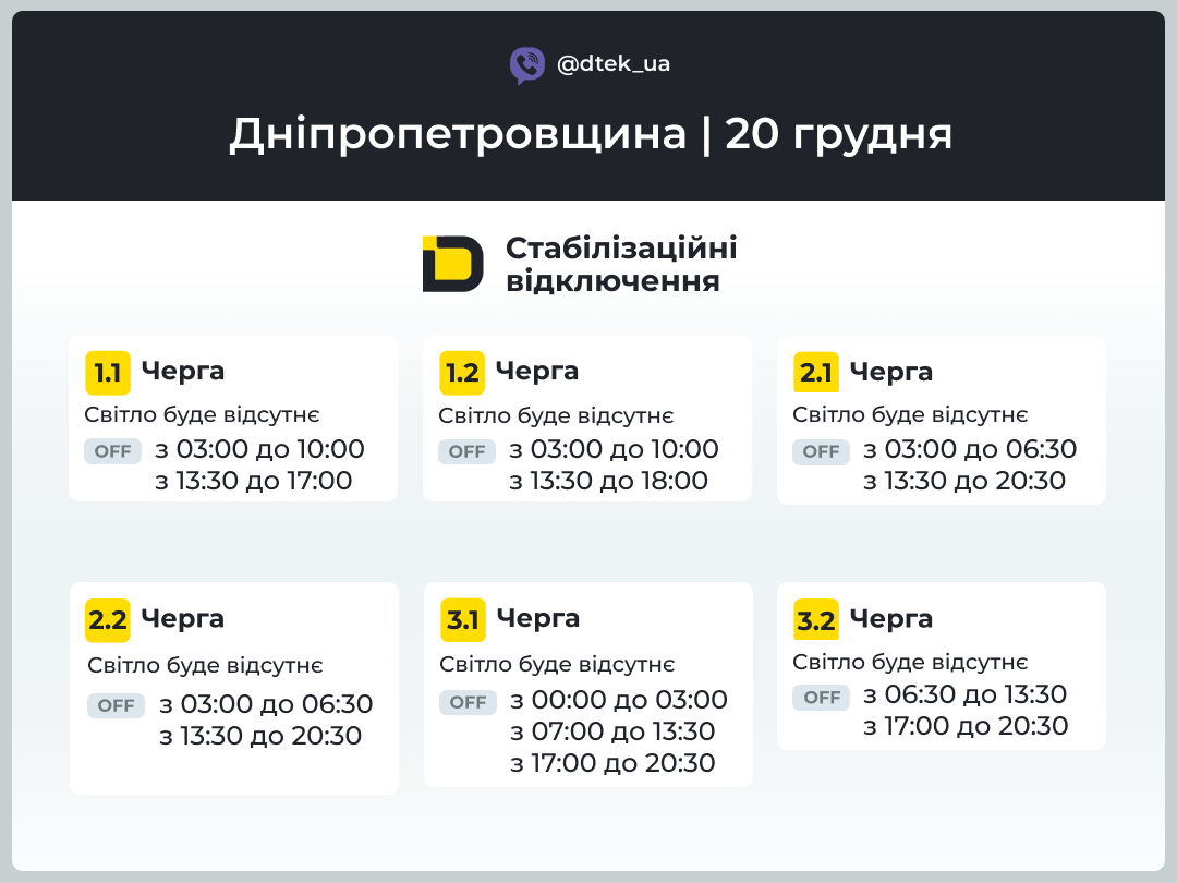 Графіки погодинних відключень електроенергії в Кам’янському 20 грудня - ФОТО