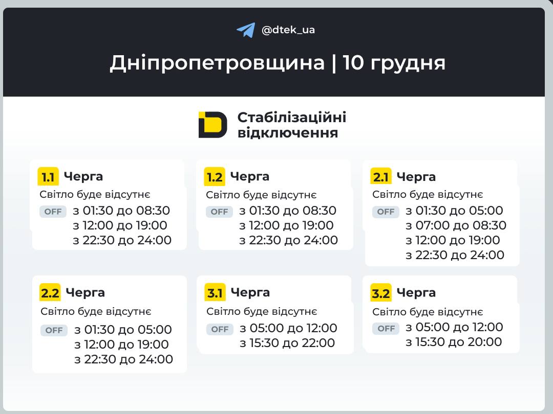 Графіки погодинних відключень електроенергії в Кам’янському 10 грудня - ФОТО