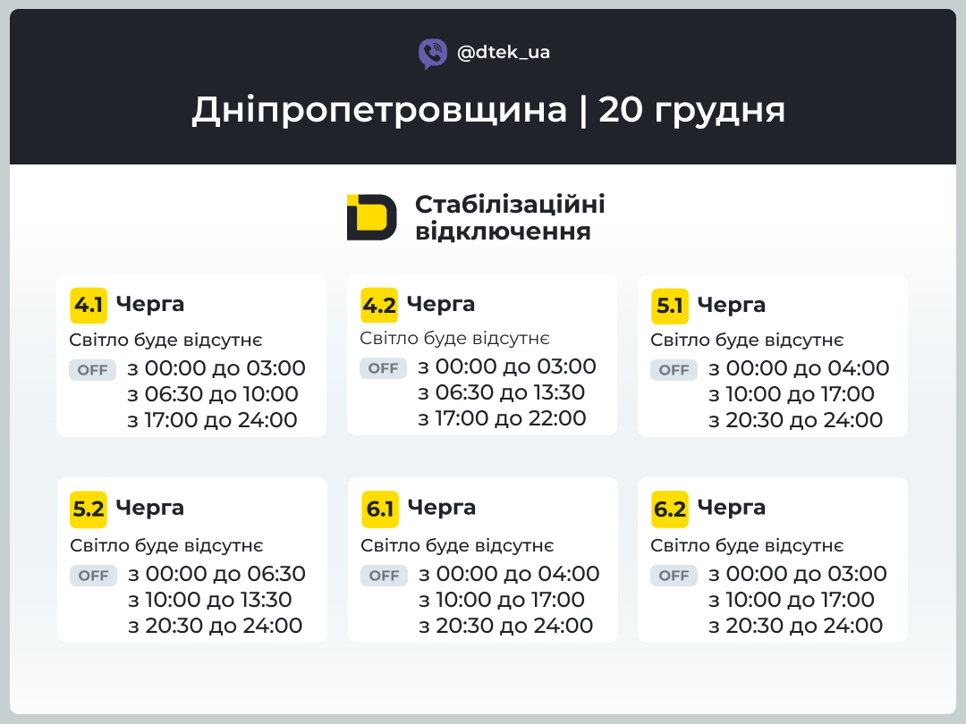 Графіки погодинних відключень електроенергії в Кам’янському 20 грудня - ФОТО