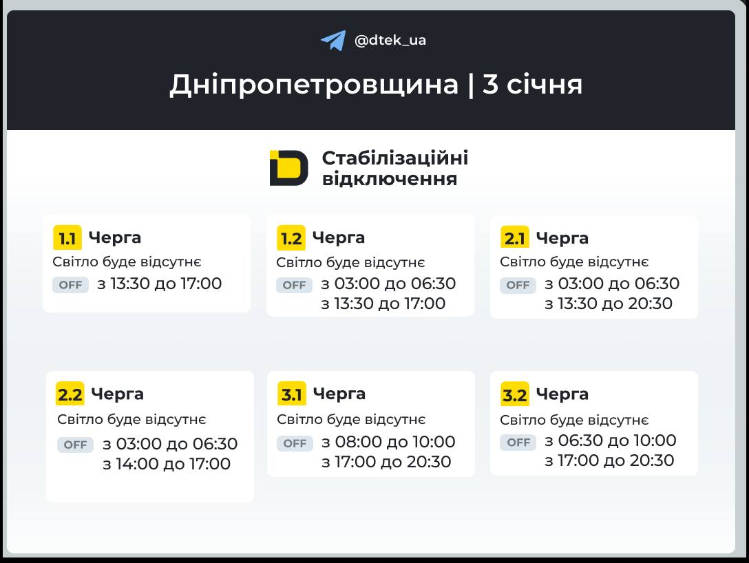 Графіки погодинних відключень електроенергії в Кам’янському 3 січня - ФОТО