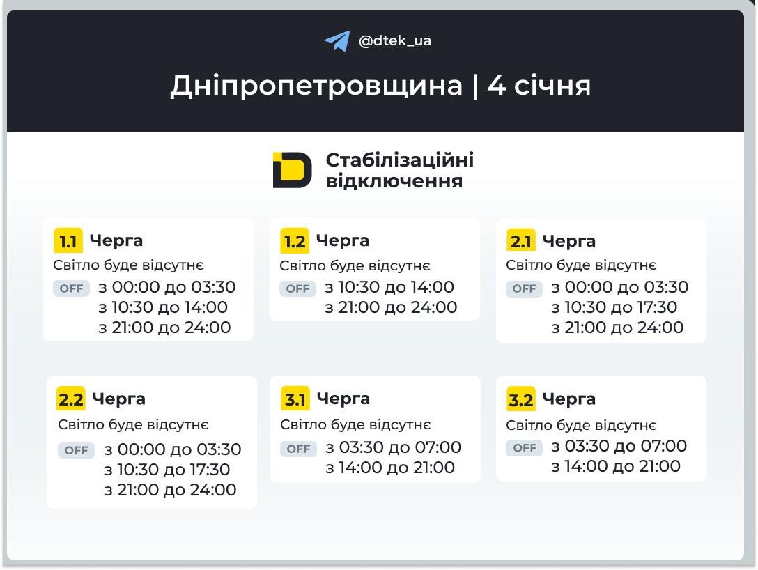 Графіки погодинних відключень електроенергії в Кам’янському 4 січня - ФОТО