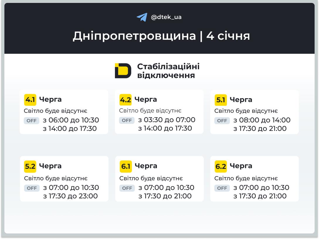 Графіки погодинних відключень електроенергії в Кам’янському 4 січня - ФОТО