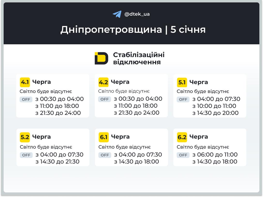 Графіки погодинних відключень електроенергії в Кам’янському 5 січня - ФОТО