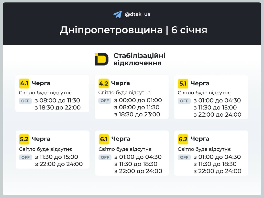 Графіки погодинних відключень електроенергії в Кам’янському 6 січня - ФОТО