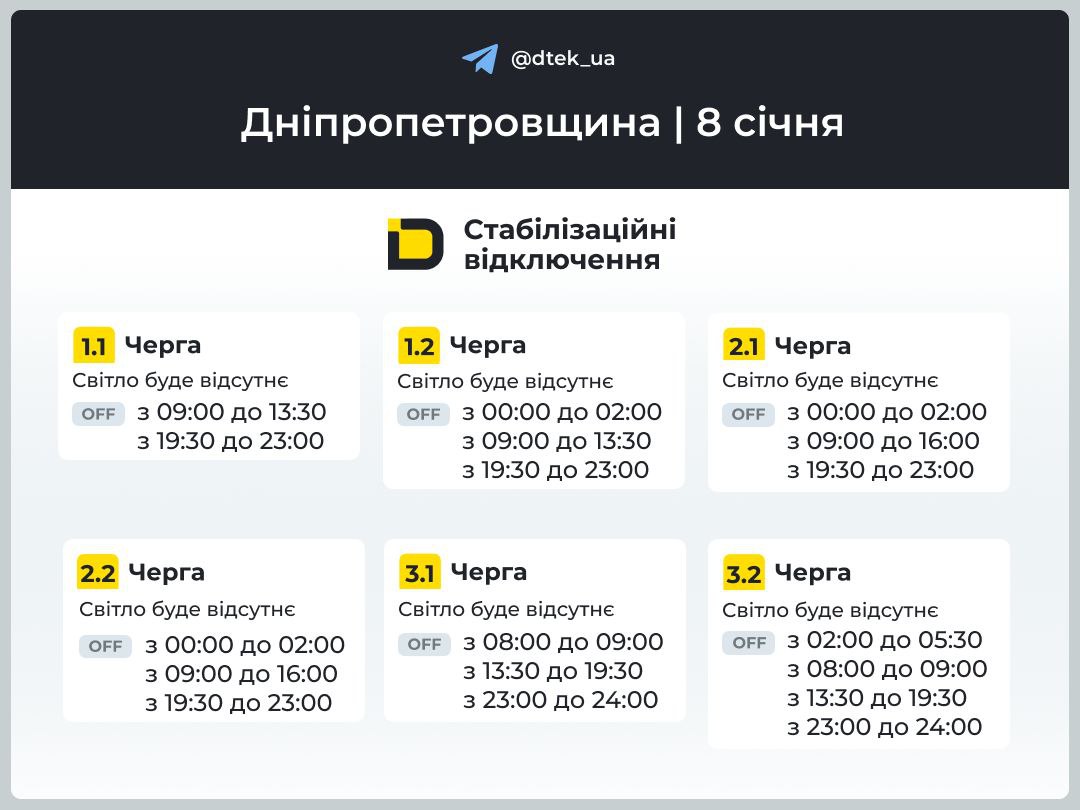 Графіки погодинних відключень електроенергії в Кам’янському 8 січня - ФОТО
