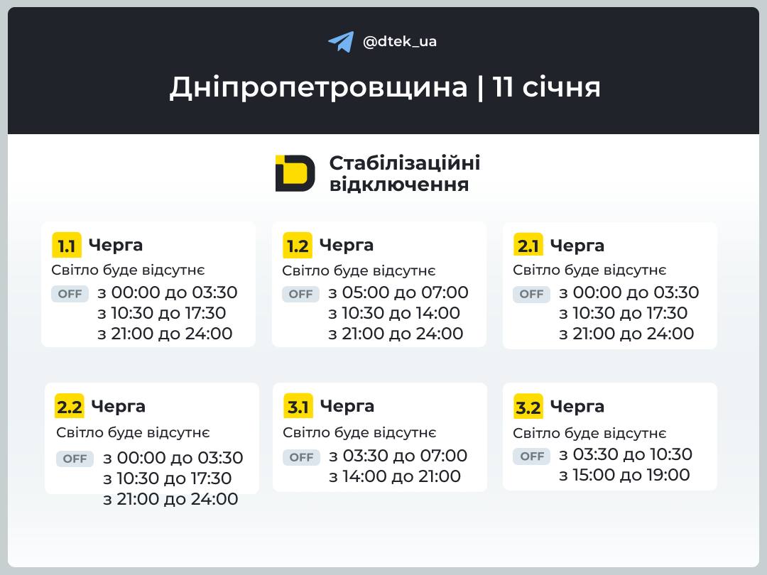 Графіки погодинних відключень електроенергії в Кам’янському 11 січня - ФОТО