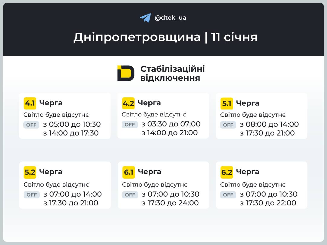 Графіки погодинних відключень електроенергії в Кам’янському 11 січня - ФОТО