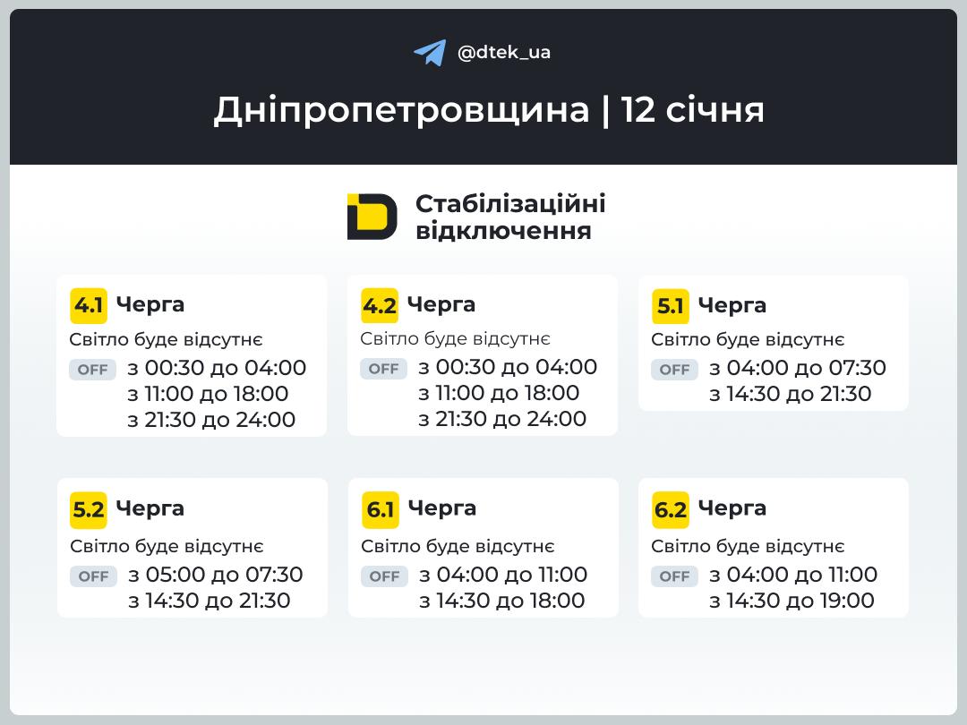 Графіки погодинних відключень електроенергії в Кам’янському 12 січня - ФОТО