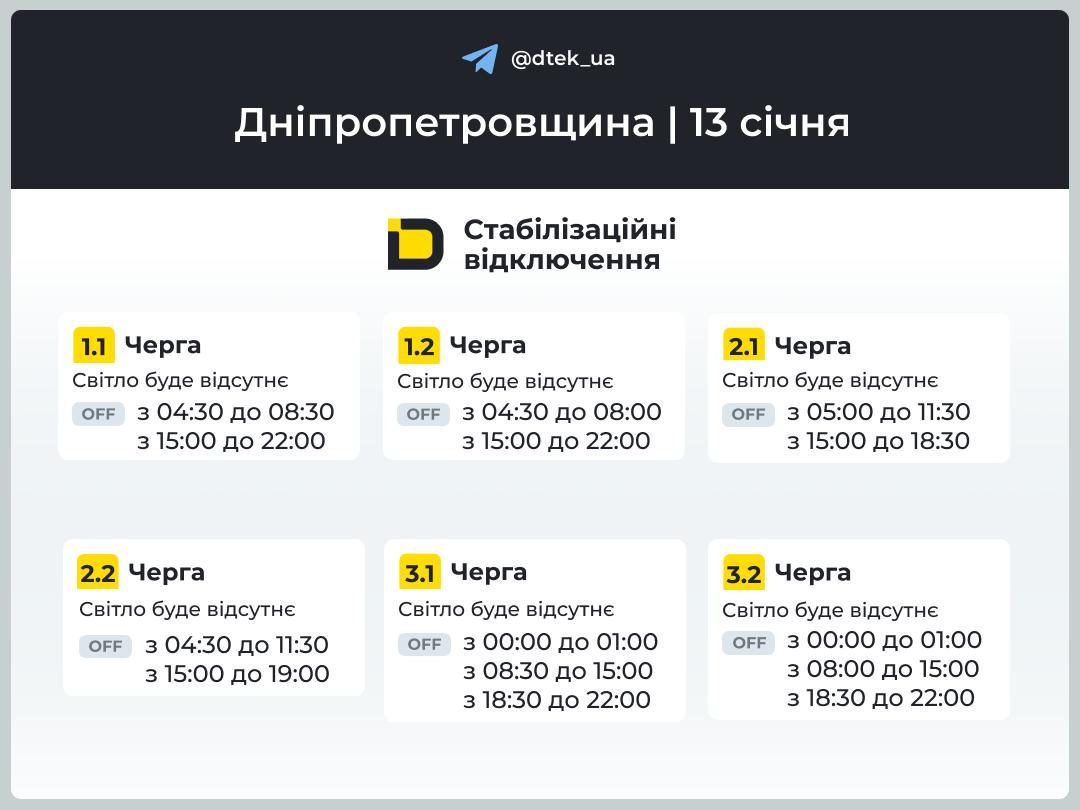 Графіки погодинних відключень електроенергії в Кам’янському 13 січня - ФОТО