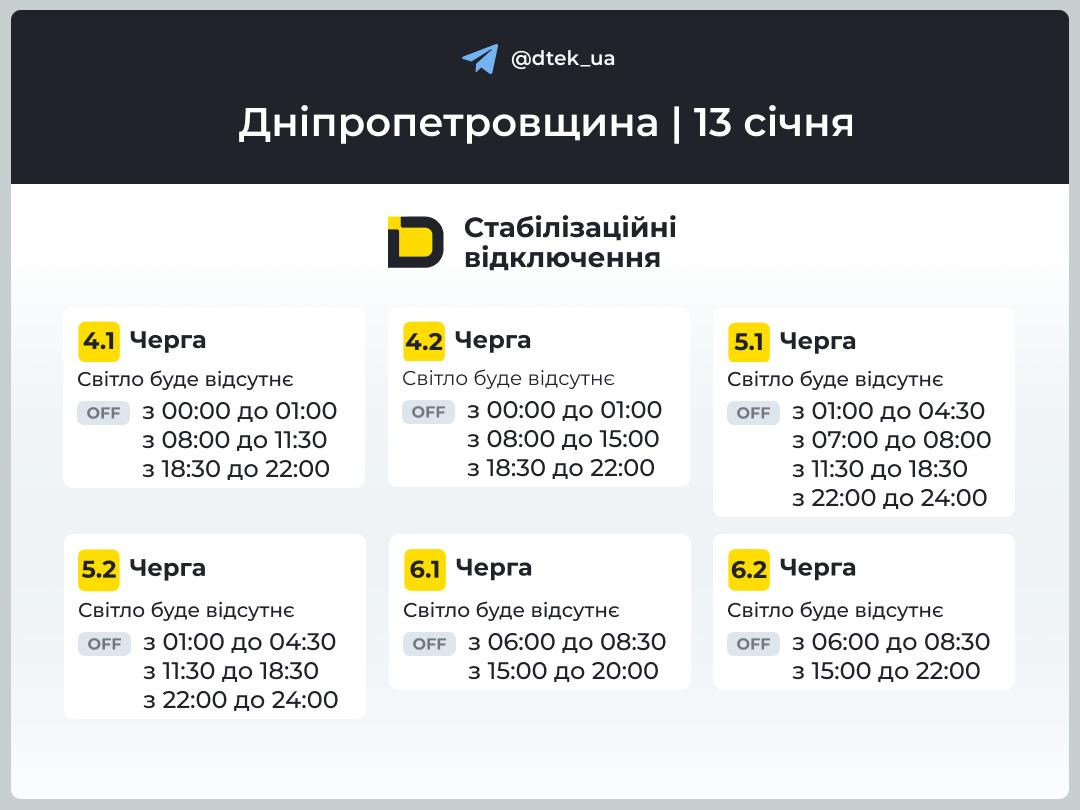 Графіки погодинних відключень електроенергії в Кам’янському 13 січня - ФОТО