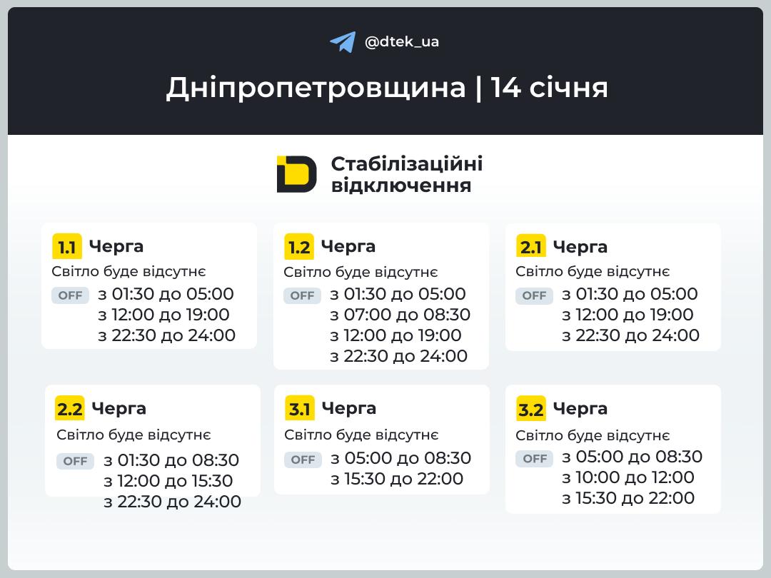 Графіки погодинних відключень електроенергії в Кам’янському 14 січня - ФОТО